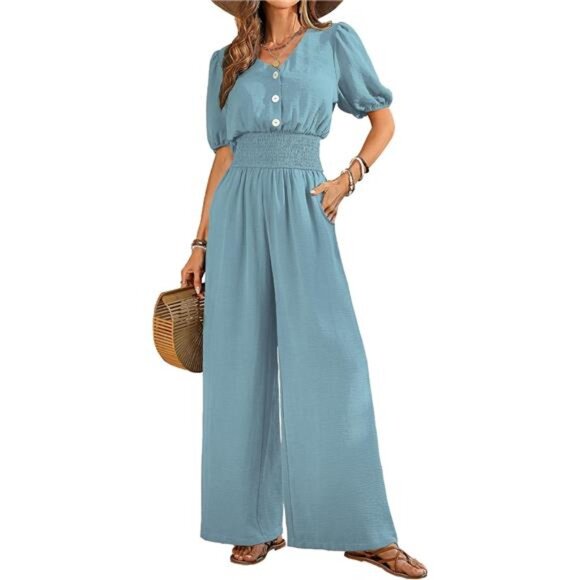 Womens Jumpsuits Short Sleeve V Neck Blue